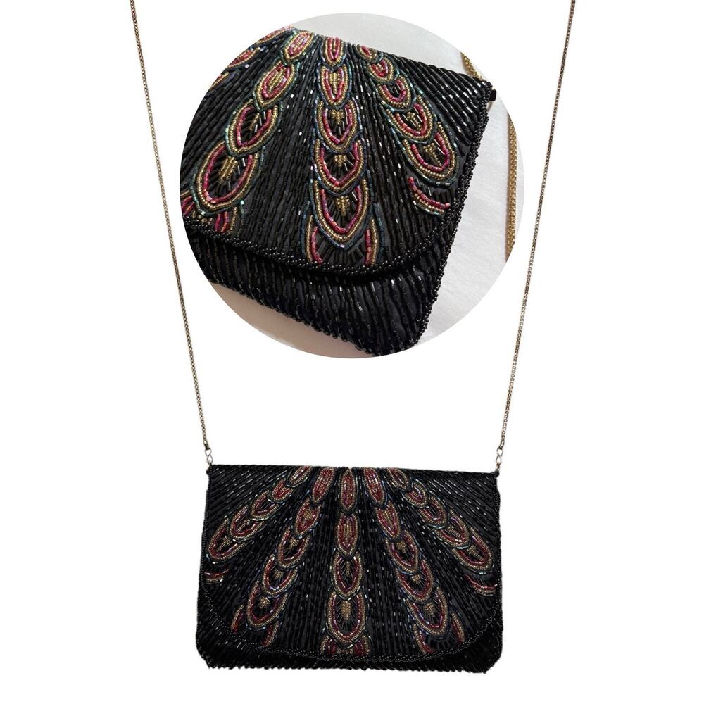 Vtg La Regale Peacock Beaded Evening Bag Art Deco Black Clutch Purse Gatsby